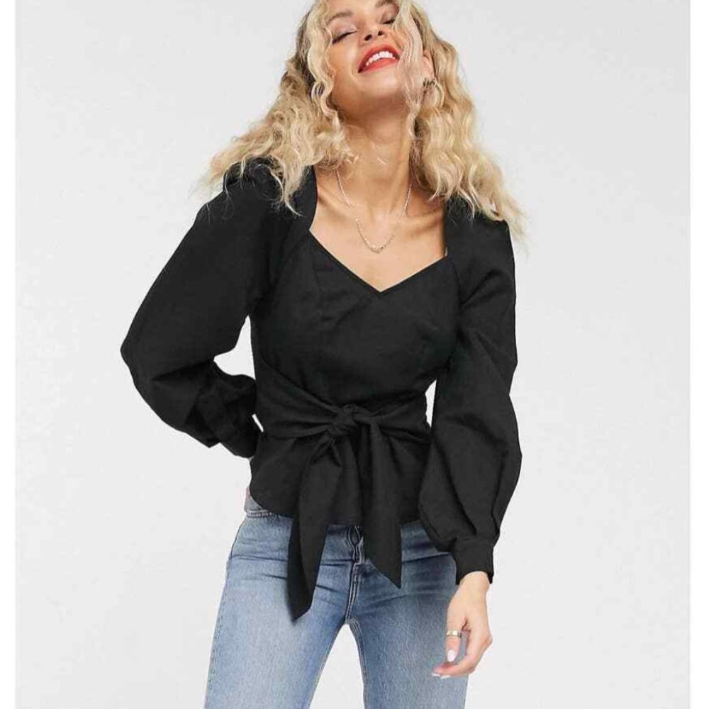 NWOT& Other Stories Black Puff Sleeve Linen Blend Tie Waist Blouse